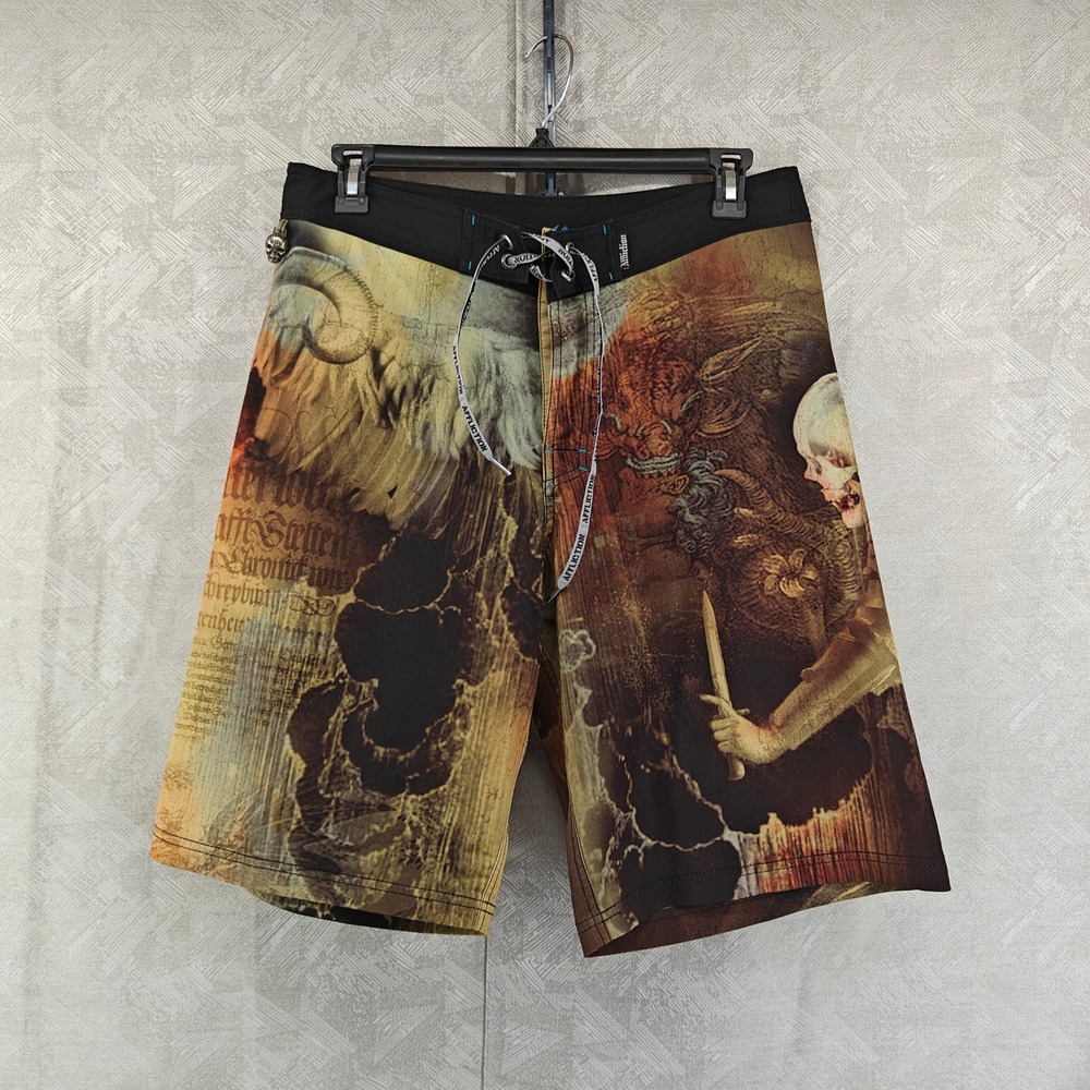 Affliction Board Shorts Mens 34 Skull Wing Graphic MMA Y2K Grunge Cyber Goth